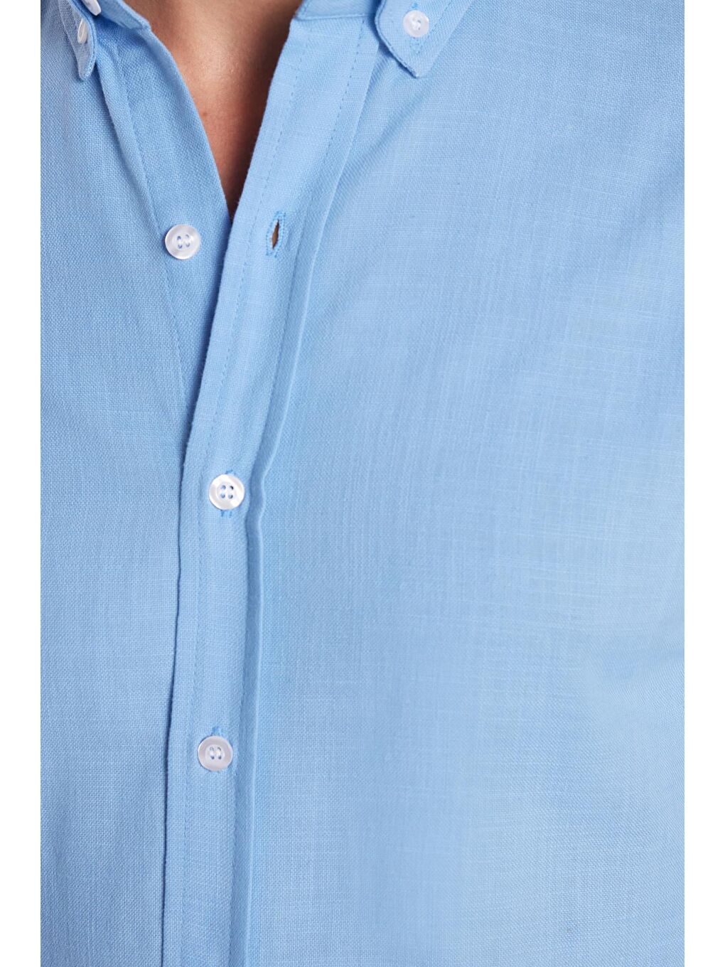 Erkek Slim Fit Dar Kesim %100 Pamuk Keten Doku Düğmeli Yaka Mavi Gömlek-2