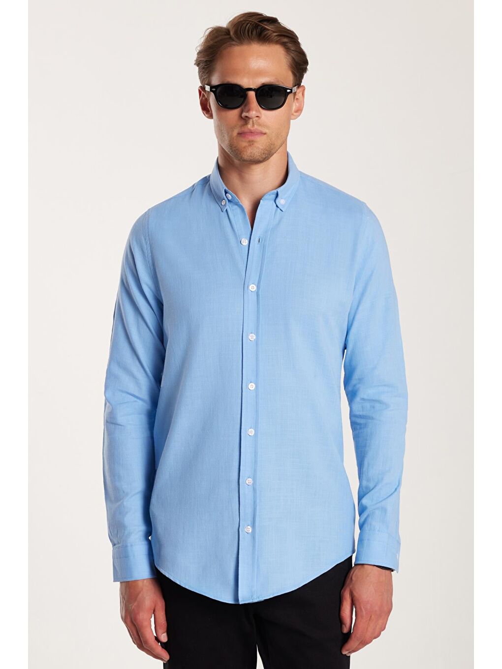 Erkek Slim Fit Dar Kesim %100 Pamuk Keten Doku Düğmeli Yaka Mavi Gömlek-3