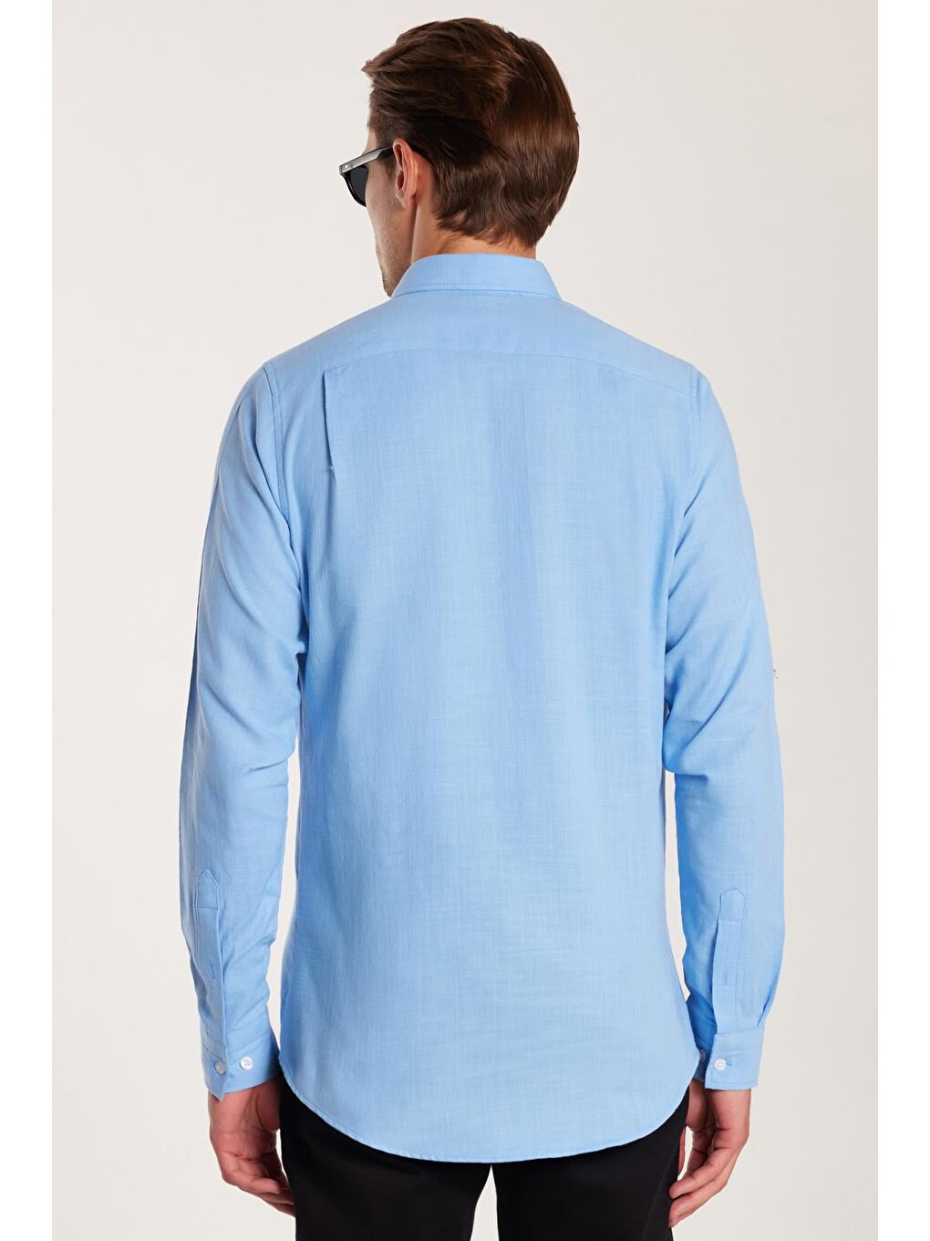 Erkek Slim Fit Dar Kesim %100 Pamuk Keten Doku Düğmeli Yaka Mavi Gömlek-4