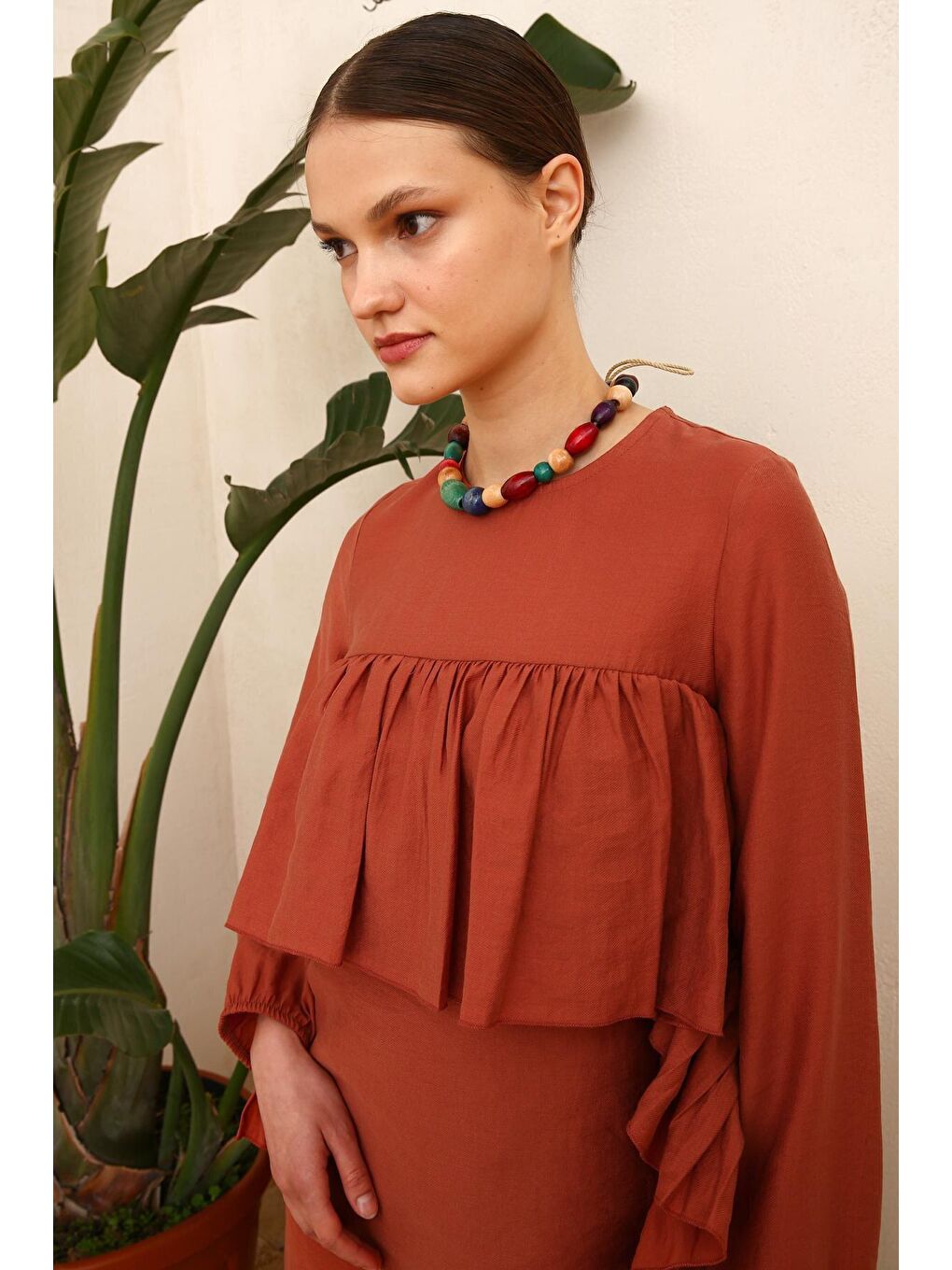 Kahverengi Tarçın Volan Detaylı Tunik-4