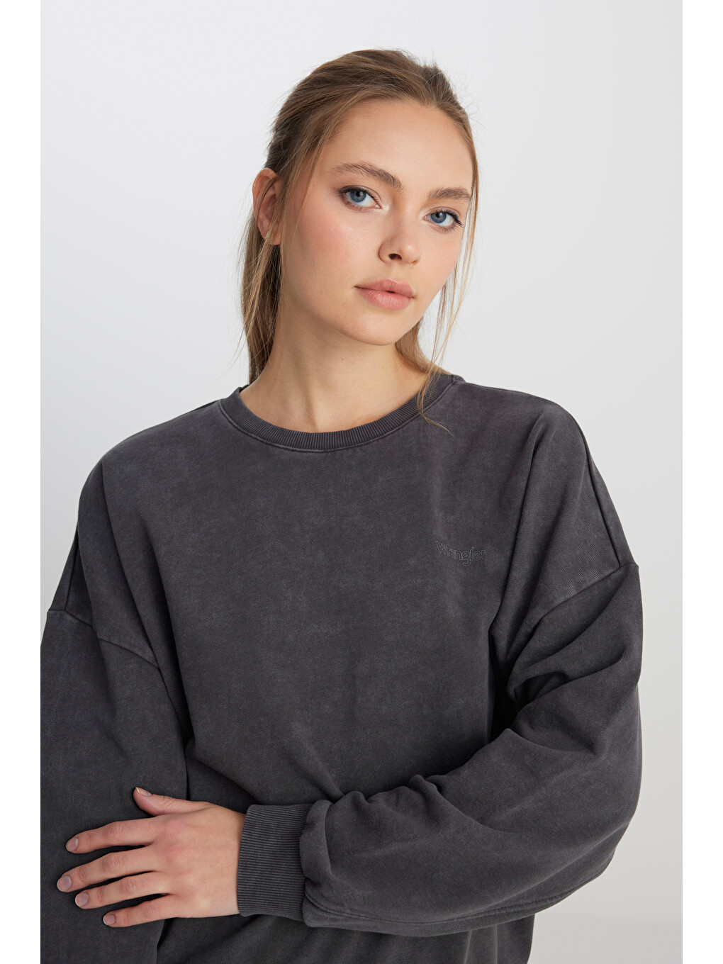 Relaxed Fit Geniş Kesim Bisiklet Yaka %100 Pamuk Antrasit Sweatshirt-1