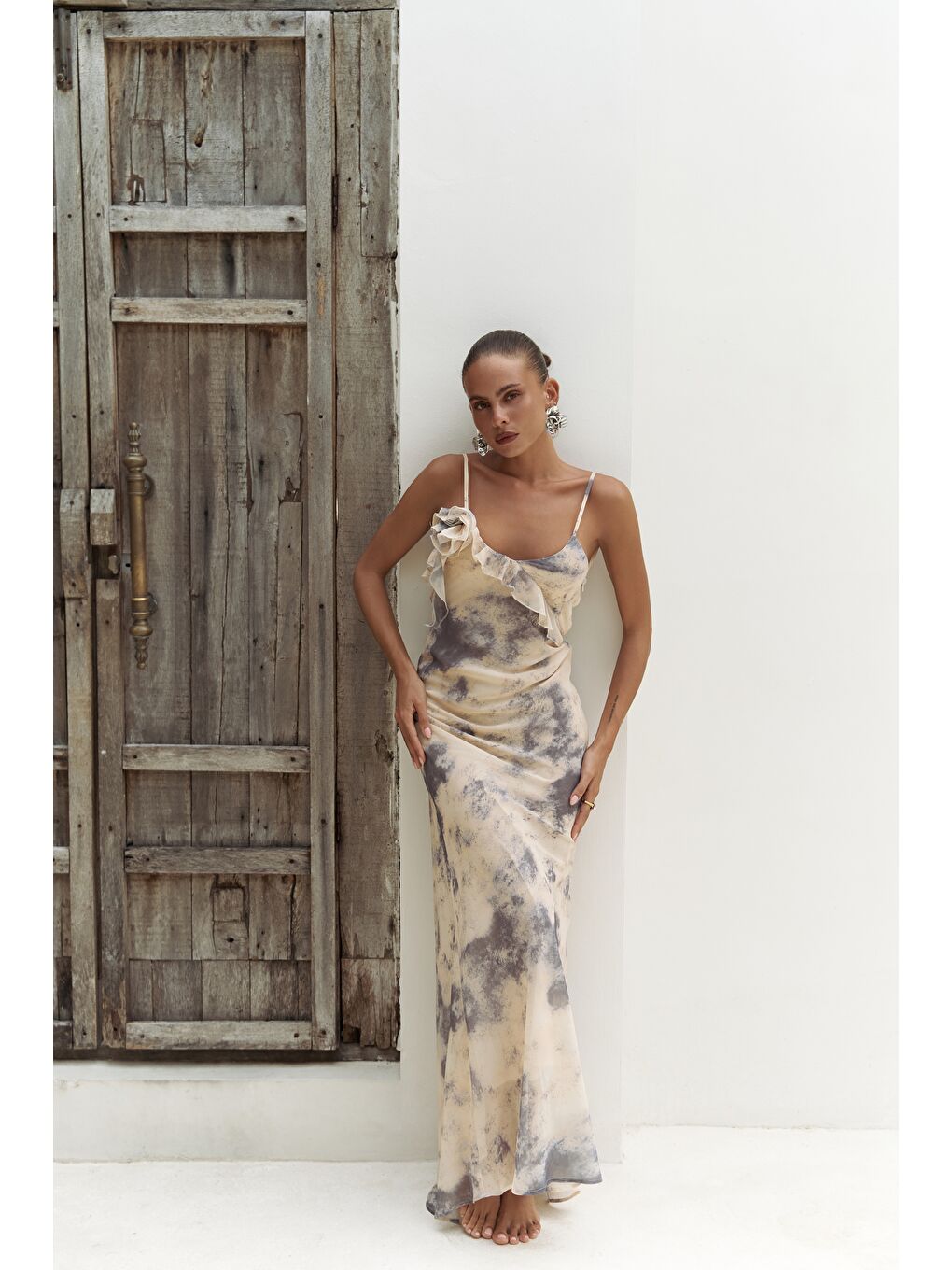 Purtyas Fırfır Detaylı Sarı Uzun Elbise