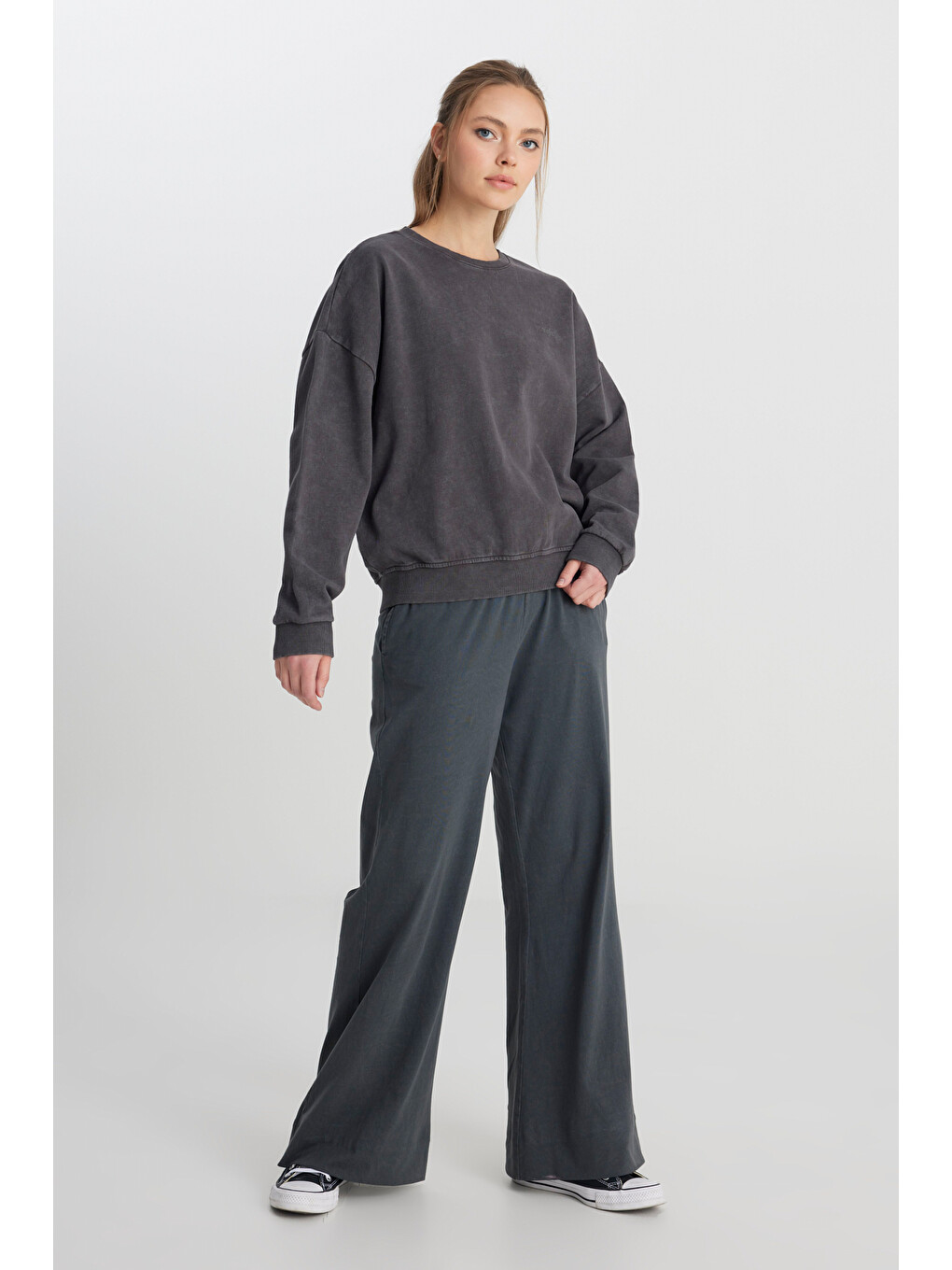 Relaxed Fit Geniş Kesim Bisiklet Yaka %100 Pamuk Antrasit Sweatshirt-2