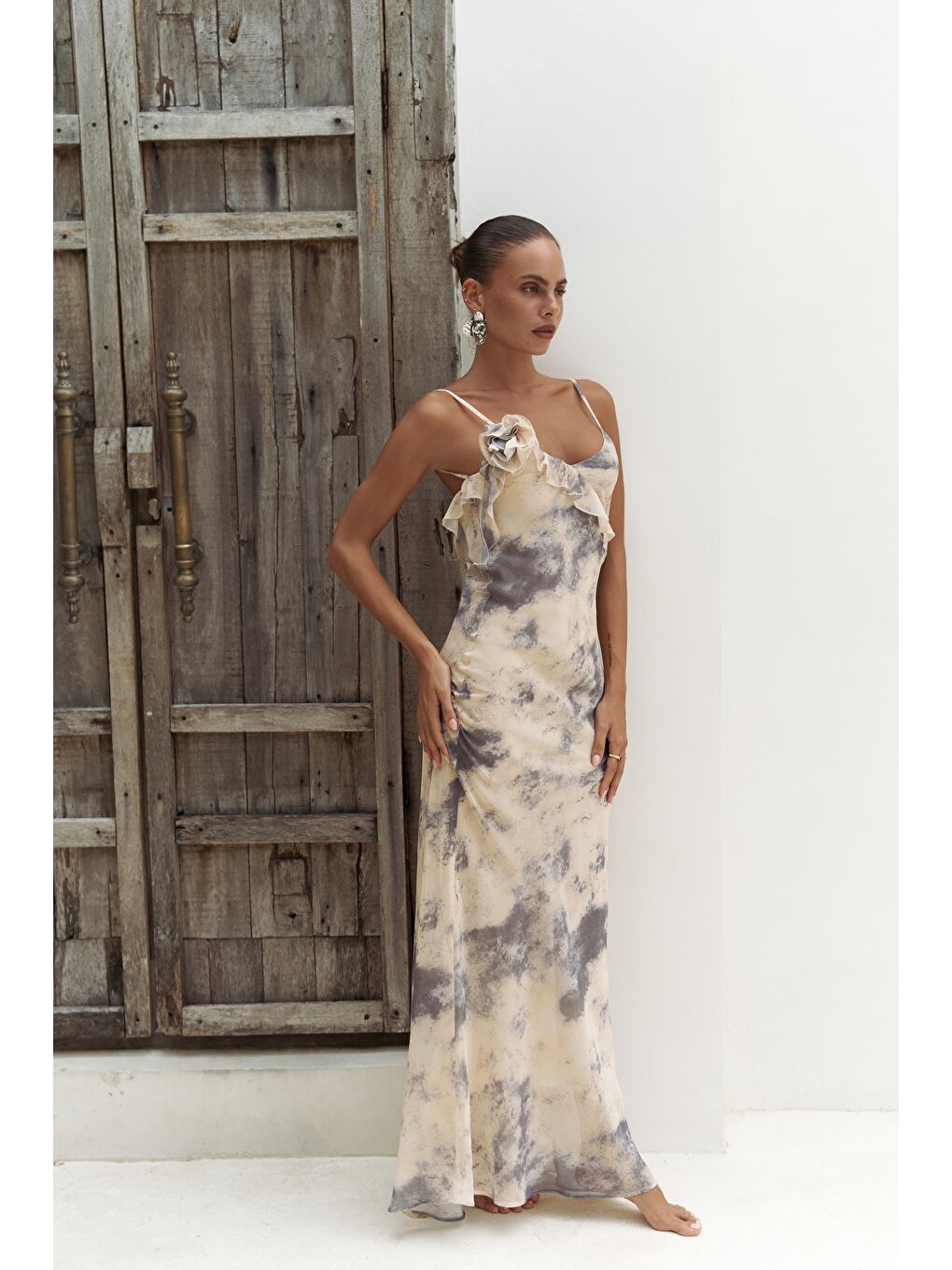 Purtyas Fırfır Detaylı Sarı Uzun Elbise-3