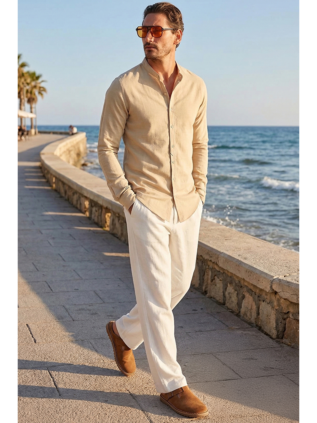 Erkek Slim Fit Dar Kesim Uzun Kollu %100 Pamuk Keten Doku Hakim Yaka Bej Gömlek-1