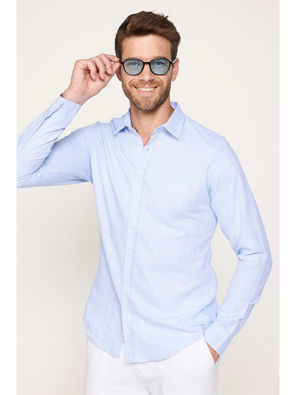 Erkek Slim Fit Dar Kesim Uzun Kollu %100 Pamuk Keten Doku Düz Mavi Gömlek