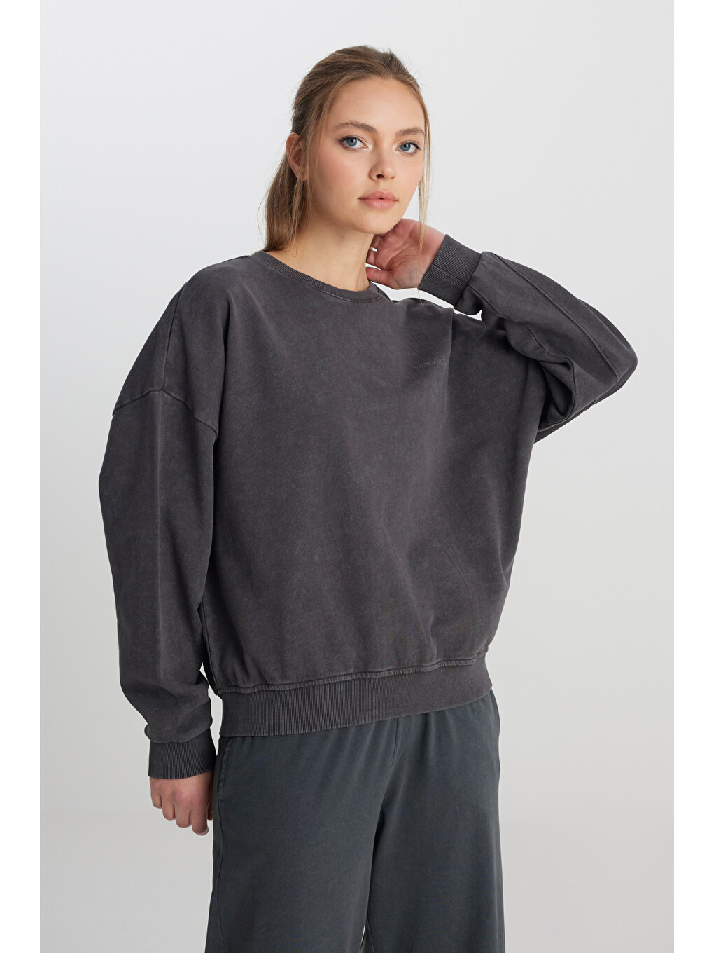 Relaxed Fit Geniş Kesim Bisiklet Yaka %100 Pamuk Antrasit Sweatshirt-3