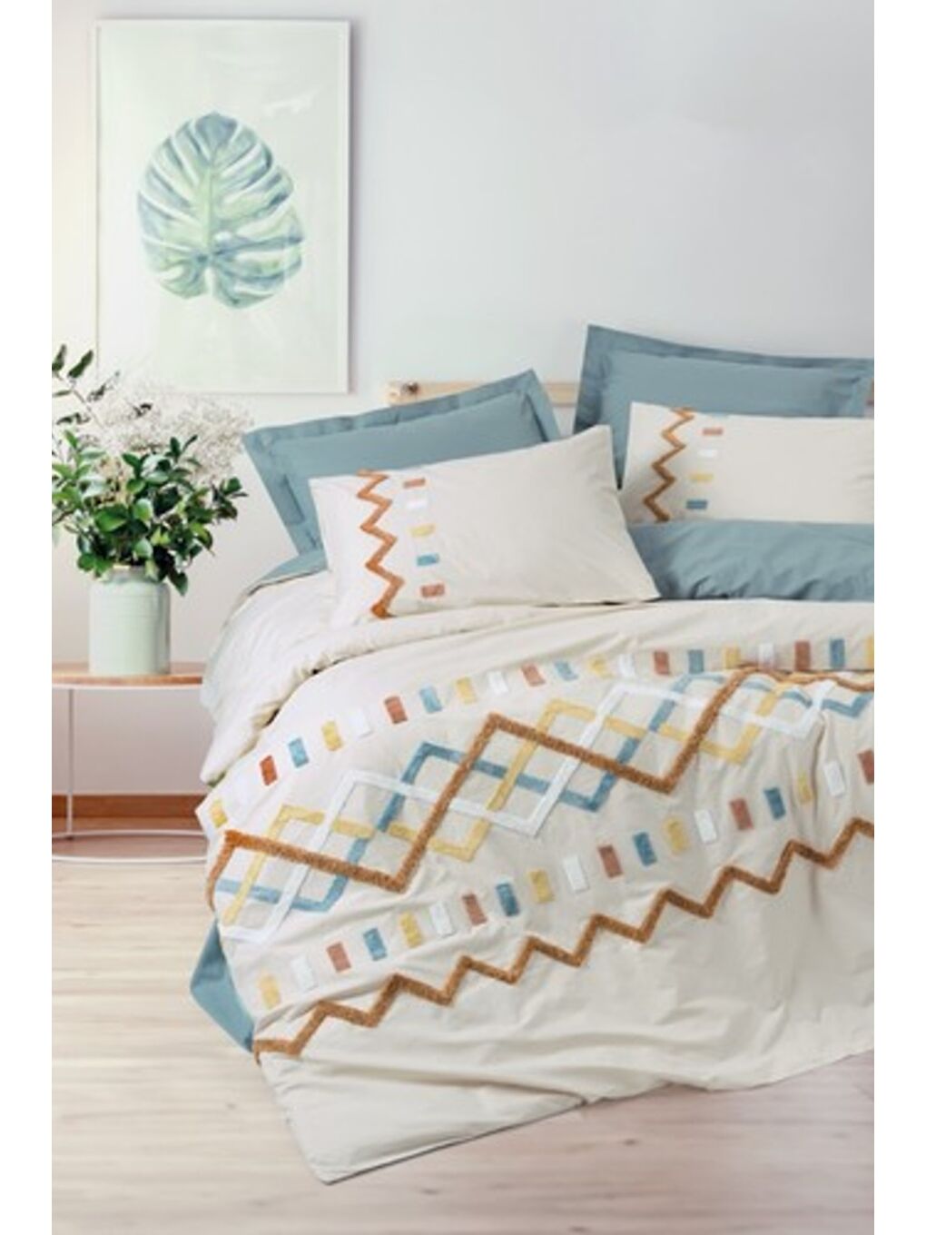 Karışık Pamuk Box Puff Nakışlı Çift Kişilik Nevresim Takımı Mellow Mint