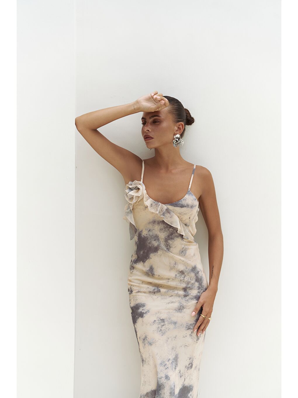 Purtyas Fırfır Detaylı Sarı Uzun Elbise-5