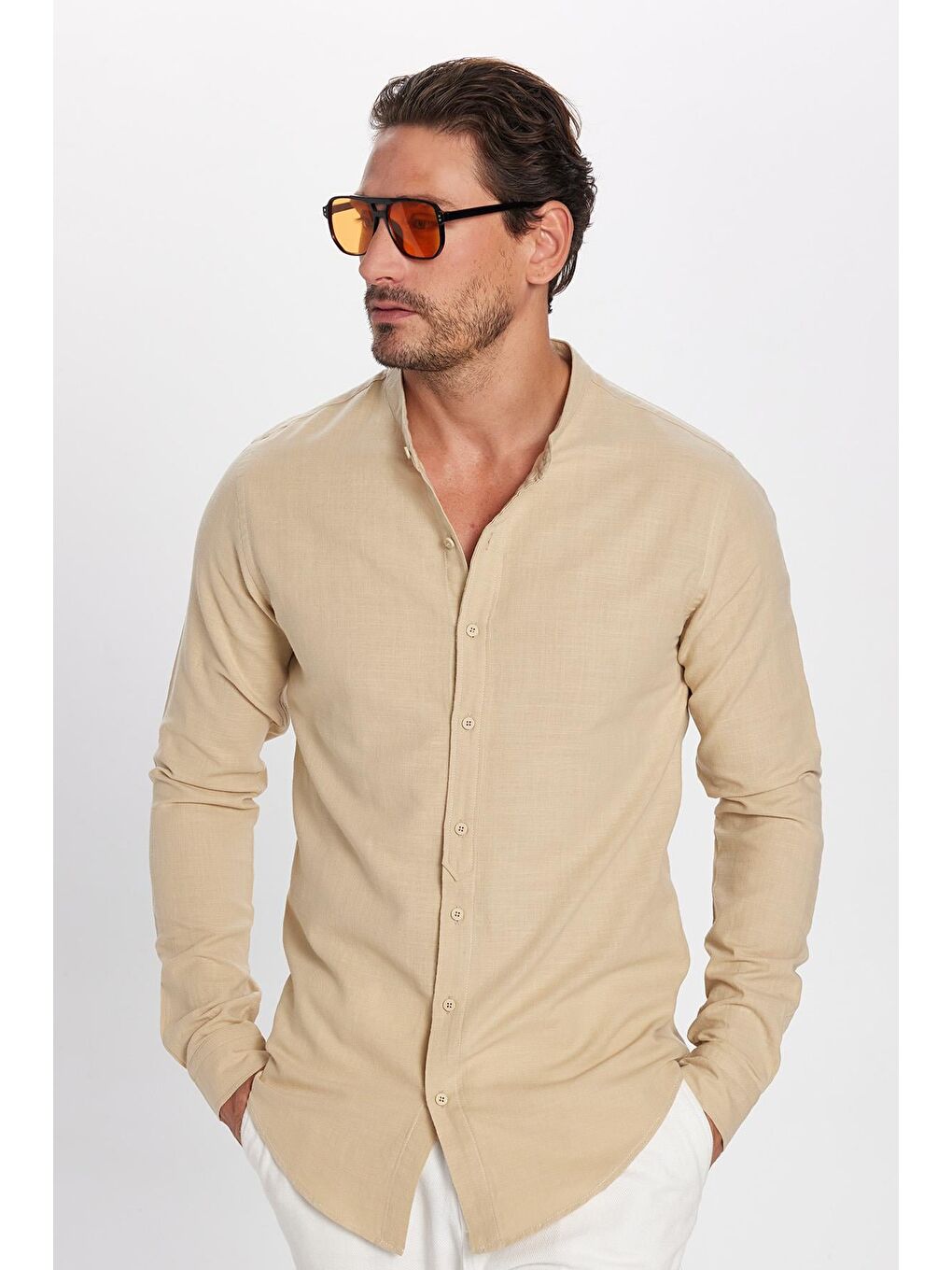 Erkek Slim Fit Dar Kesim Uzun Kollu %100 Pamuk Keten Doku Hakim Yaka Bej Gömlek-3
