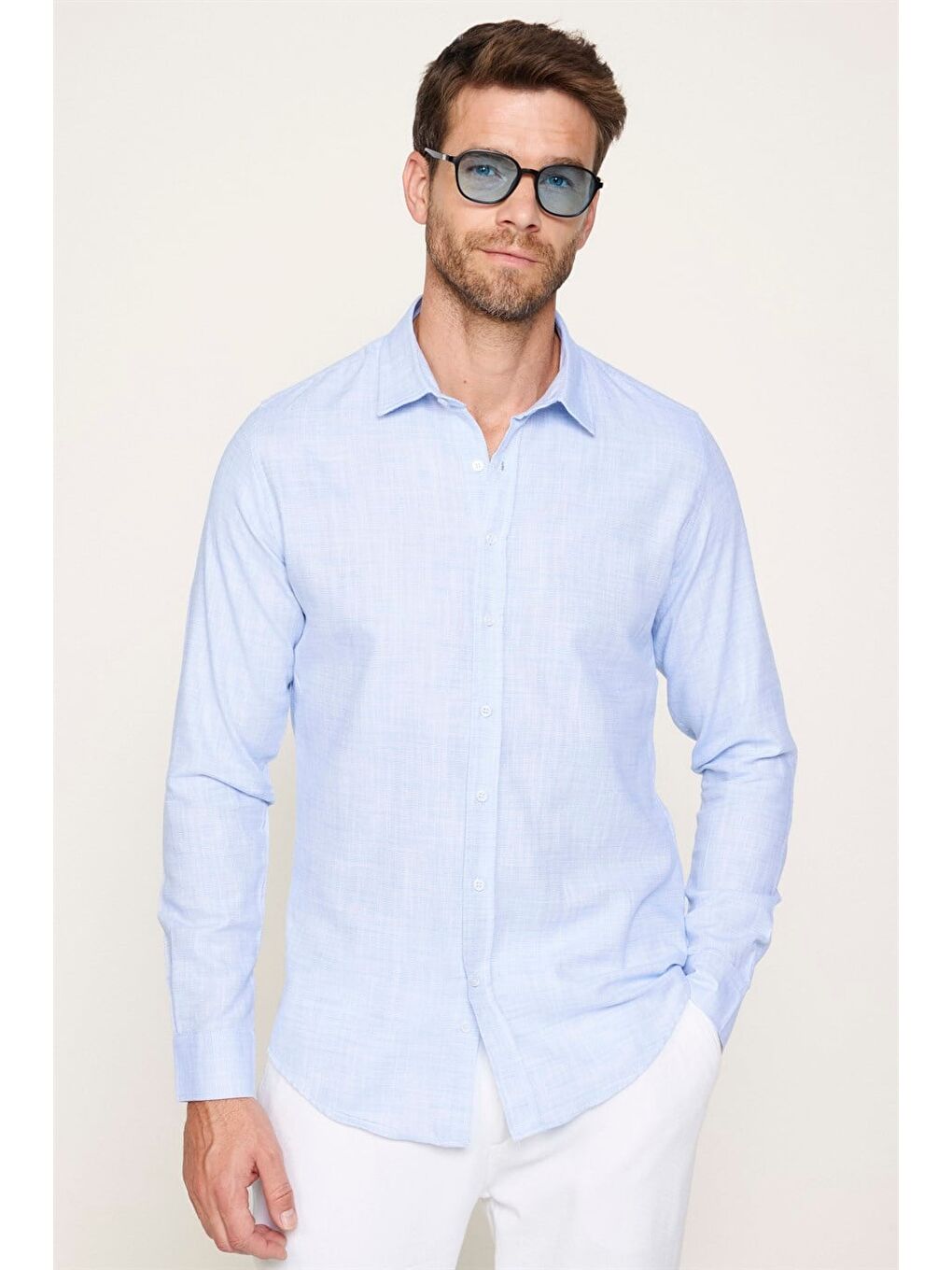 Erkek Slim Fit Dar Kesim Uzun Kollu %100 Pamuk Keten Doku Düz Mavi Gömlek-1