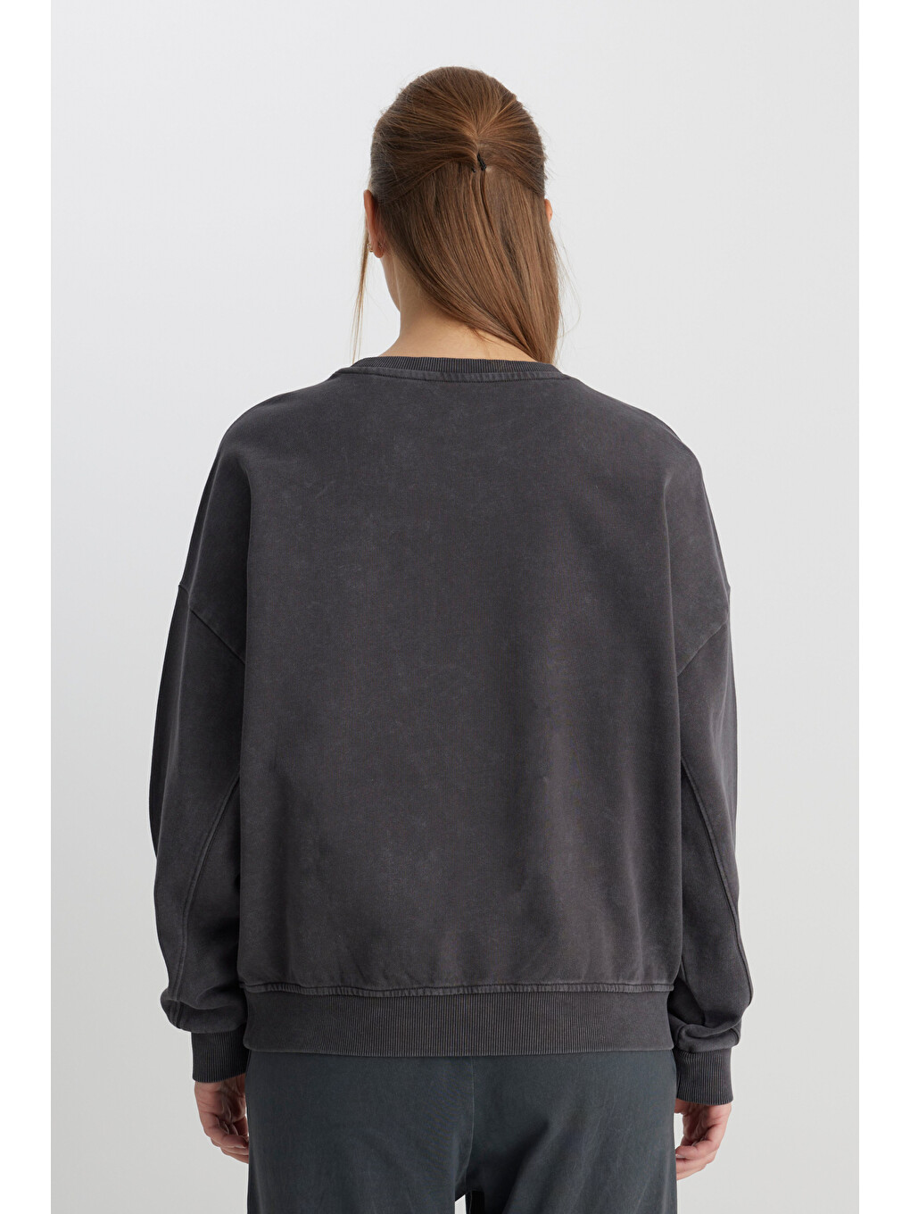 Relaxed Fit Geniş Kesim Bisiklet Yaka %100 Pamuk Antrasit Sweatshirt-4