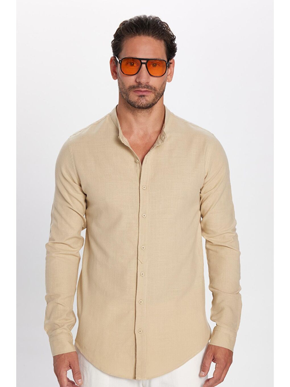 Erkek Slim Fit Dar Kesim Uzun Kollu %100 Pamuk Keten Doku Hakim Yaka Bej Gömlek-4