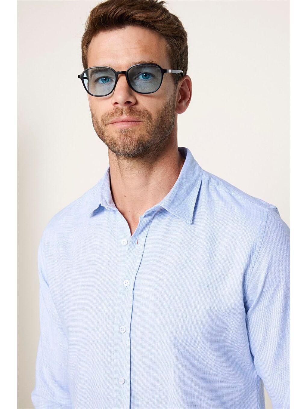 Erkek Slim Fit Dar Kesim Uzun Kollu %100 Pamuk Keten Doku Düz Mavi Gömlek-2