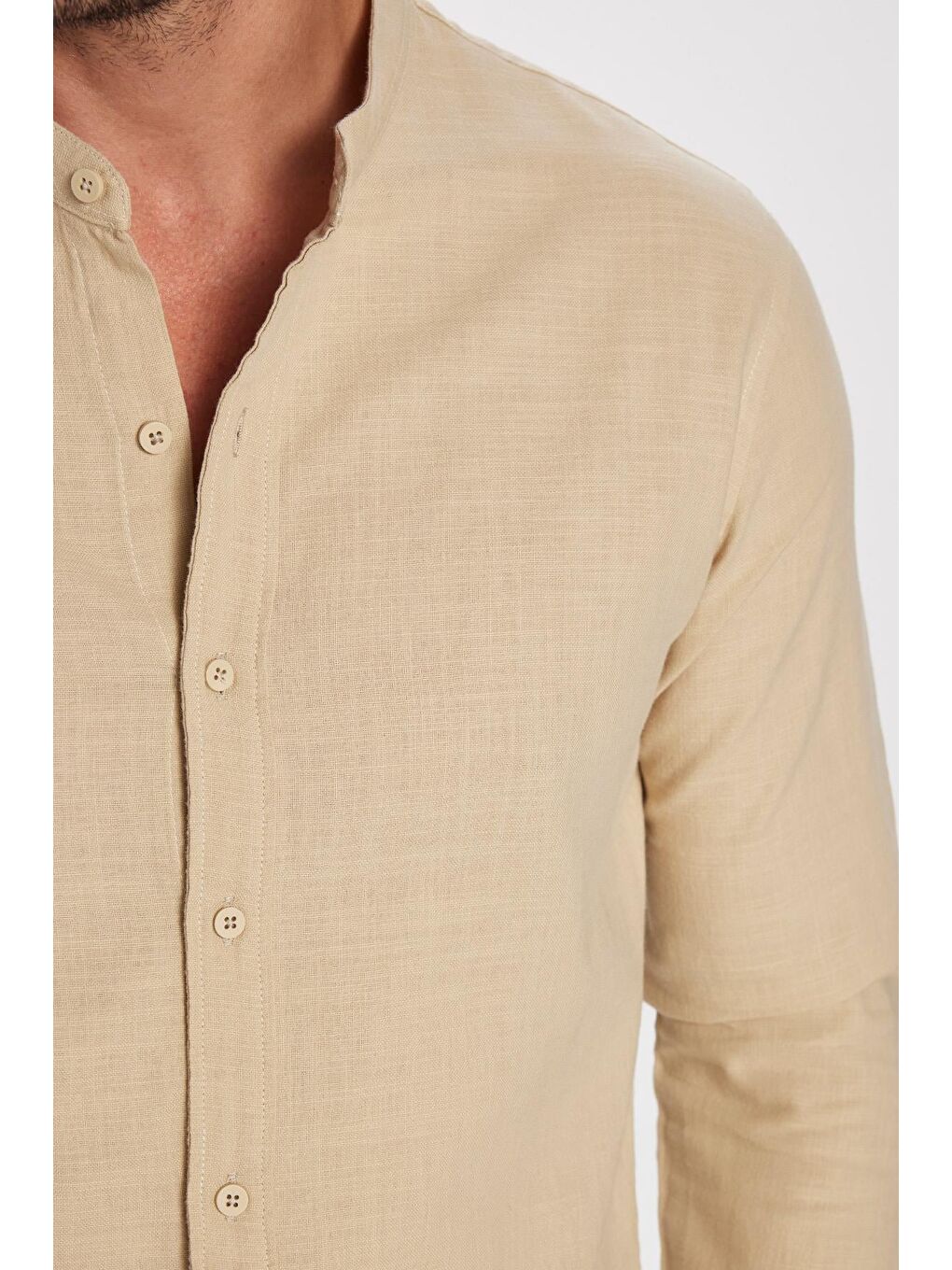 Erkek Slim Fit Dar Kesim Uzun Kollu %100 Pamuk Keten Doku Hakim Yaka Bej Gömlek-5