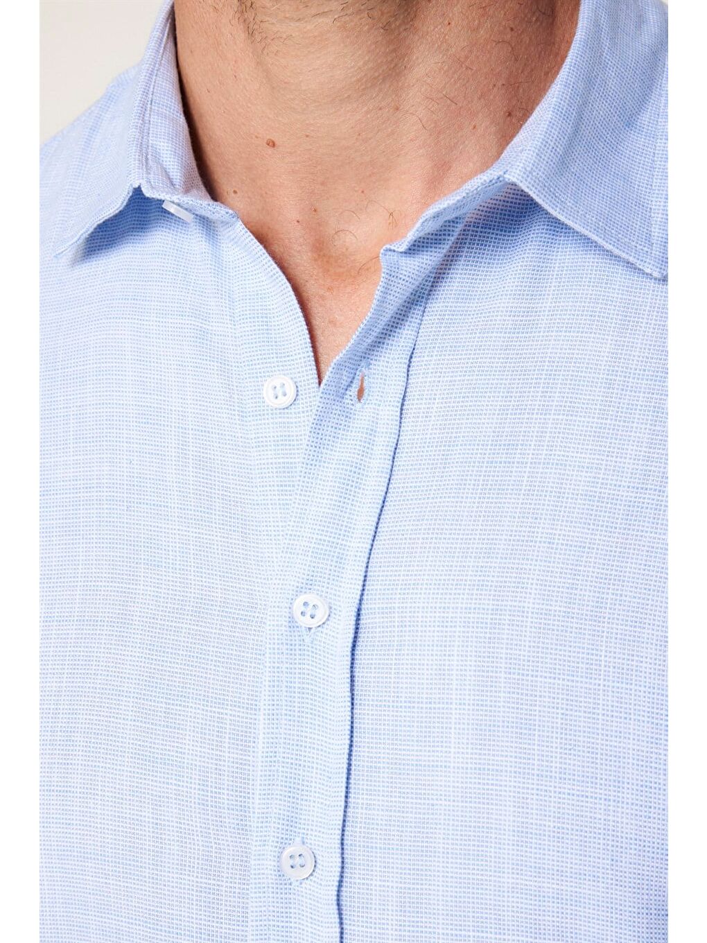 Erkek Slim Fit Dar Kesim Uzun Kollu %100 Pamuk Keten Doku Düz Mavi Gömlek-3
