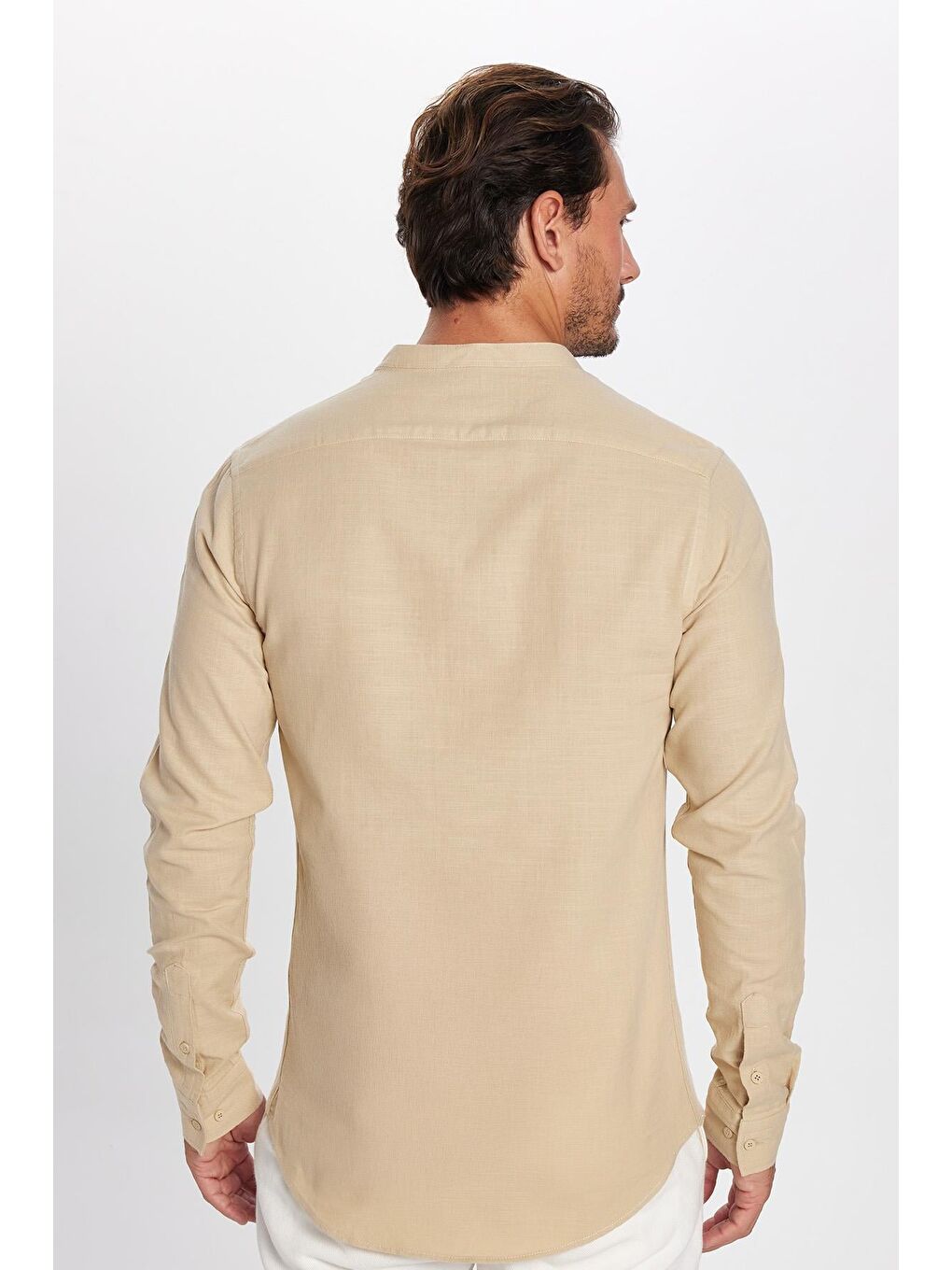 Erkek Slim Fit Dar Kesim Uzun Kollu %100 Pamuk Keten Doku Hakim Yaka Bej Gömlek-6