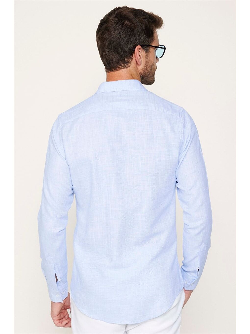 Erkek Slim Fit Dar Kesim Uzun Kollu %100 Pamuk Keten Doku Düz Mavi Gömlek-4