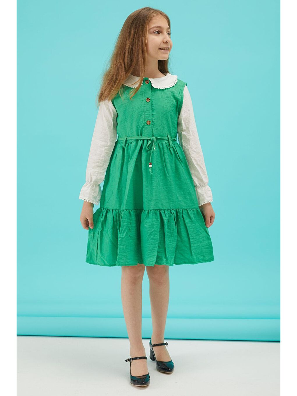 Yeşil Kız Çocuk Kuşaklı Dantel Yaka Elbise 15179-1