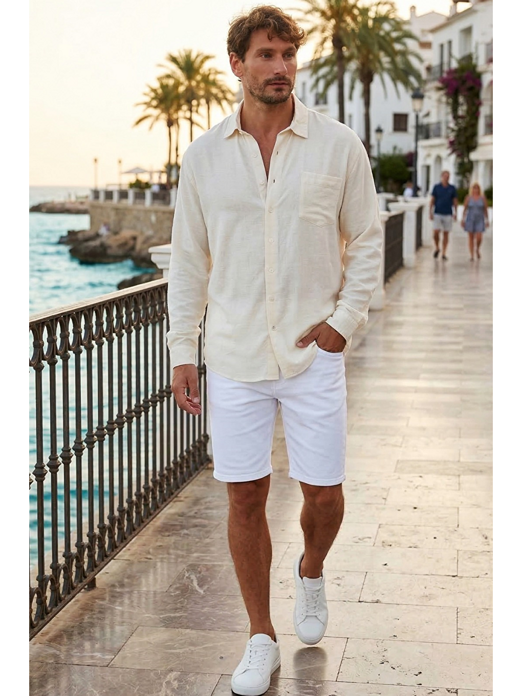 Erkek Relax Fit Rahat Kesim Oversize Müslin Viskon Pamuklu Tek Cepli Düz Ekru Gömlek-1
