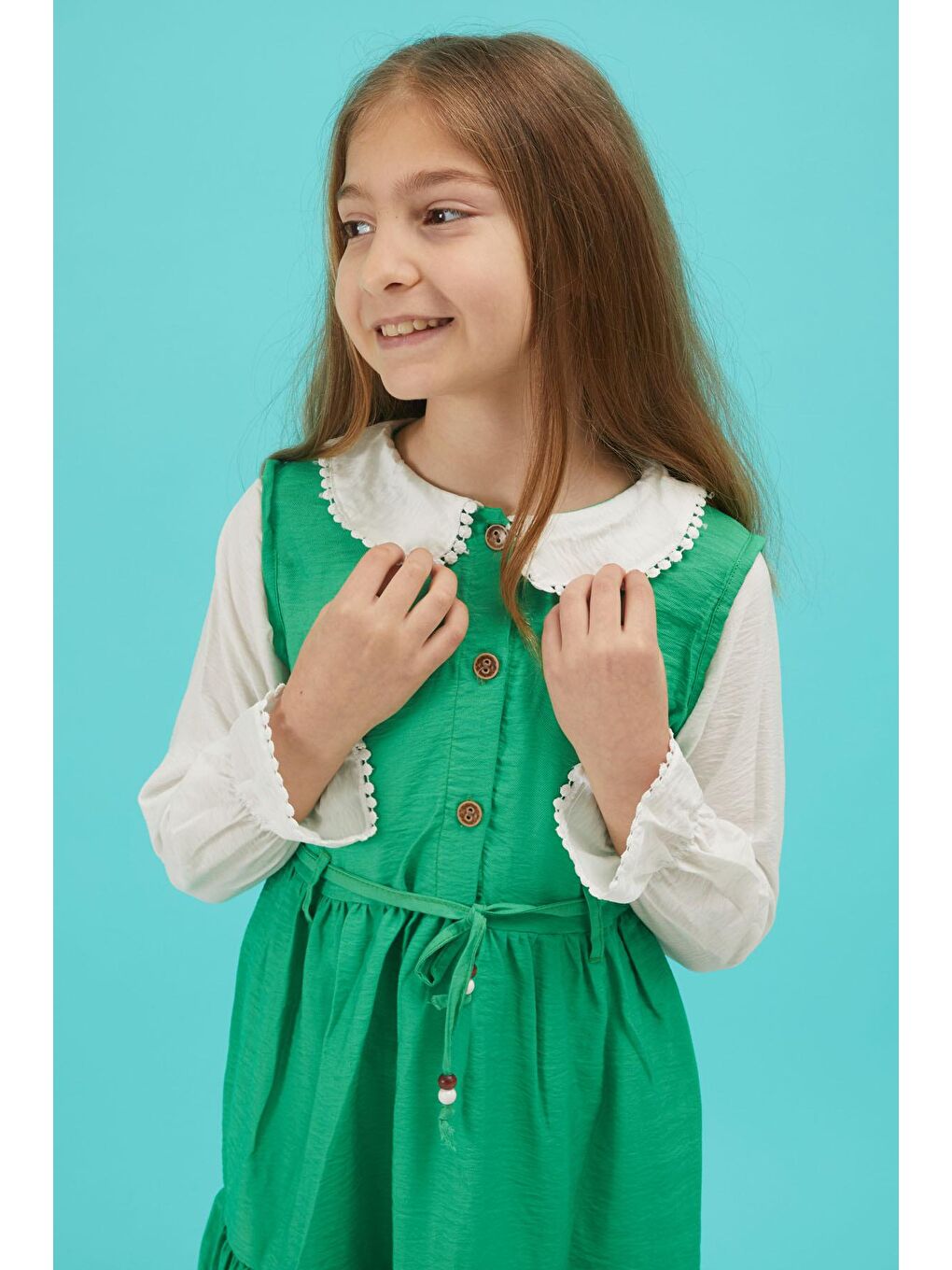 Yeşil Kız Çocuk Kuşaklı Dantel Yaka Elbise 15179-2
