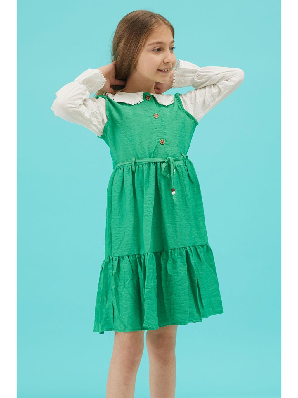 Yeşil Kız Çocuk Kuşaklı Dantel Yaka Elbise 15179-3