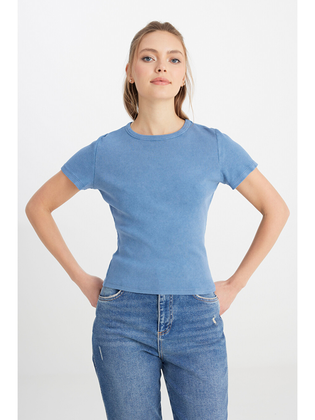İndigo Slim Fit Dar Kesim Bisiklet Yaka Lacivert Tişört-3