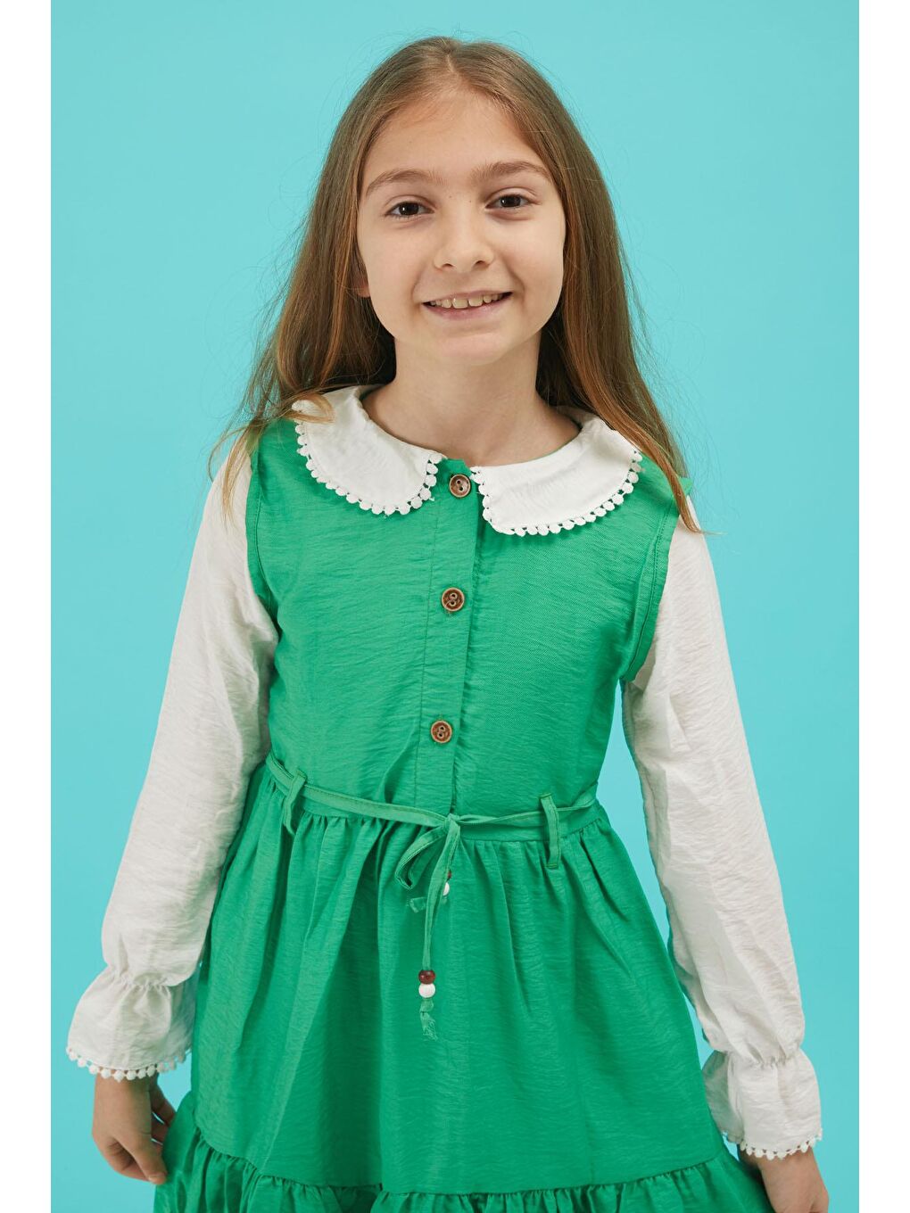 Yeşil Kız Çocuk Kuşaklı Dantel Yaka Elbise 15179-4