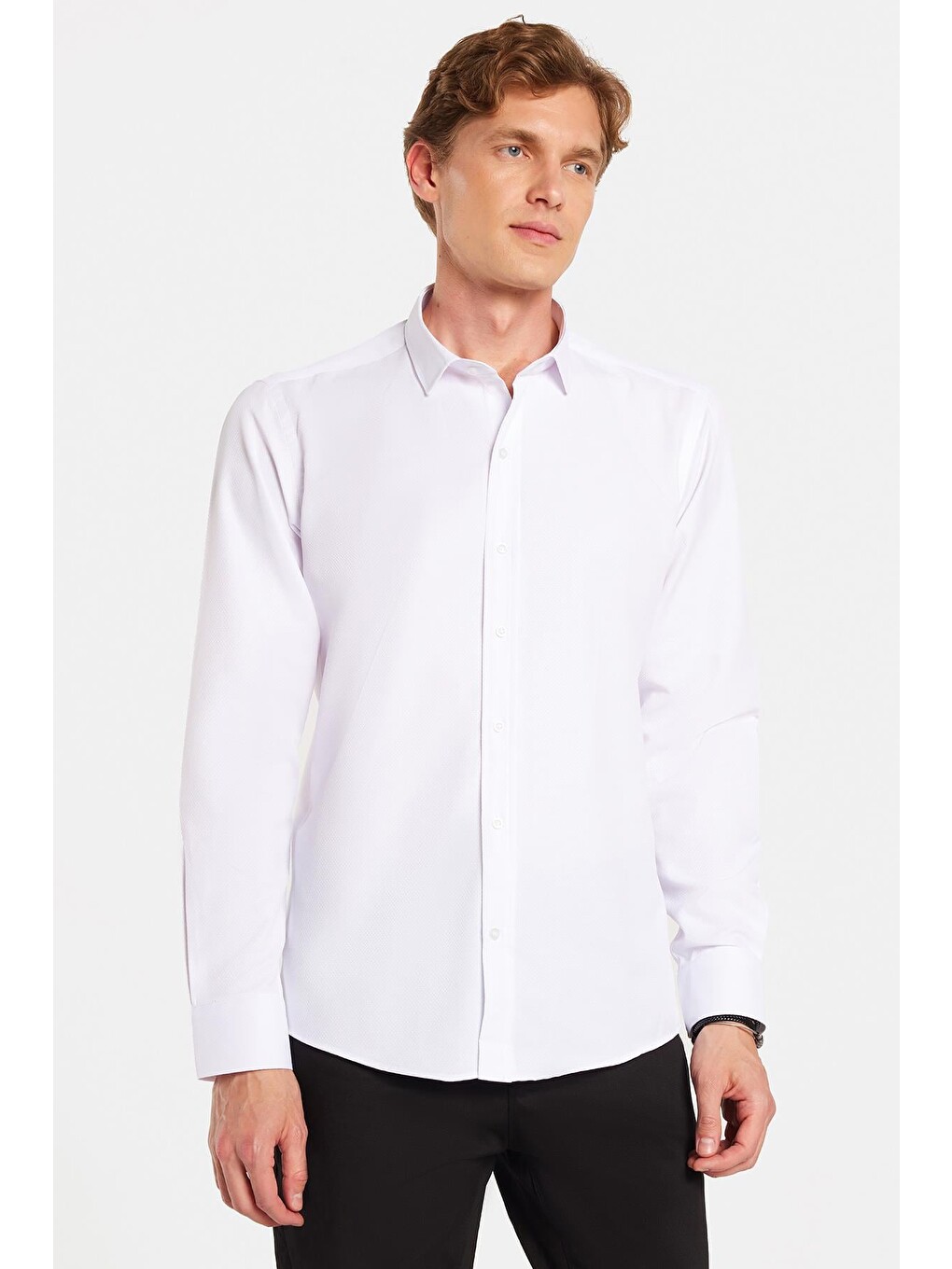 Modern Slim Fit Uzun Kollu Pamuklu Kolay Ütü Armürlü Beyaz Erkek Gömlek-1