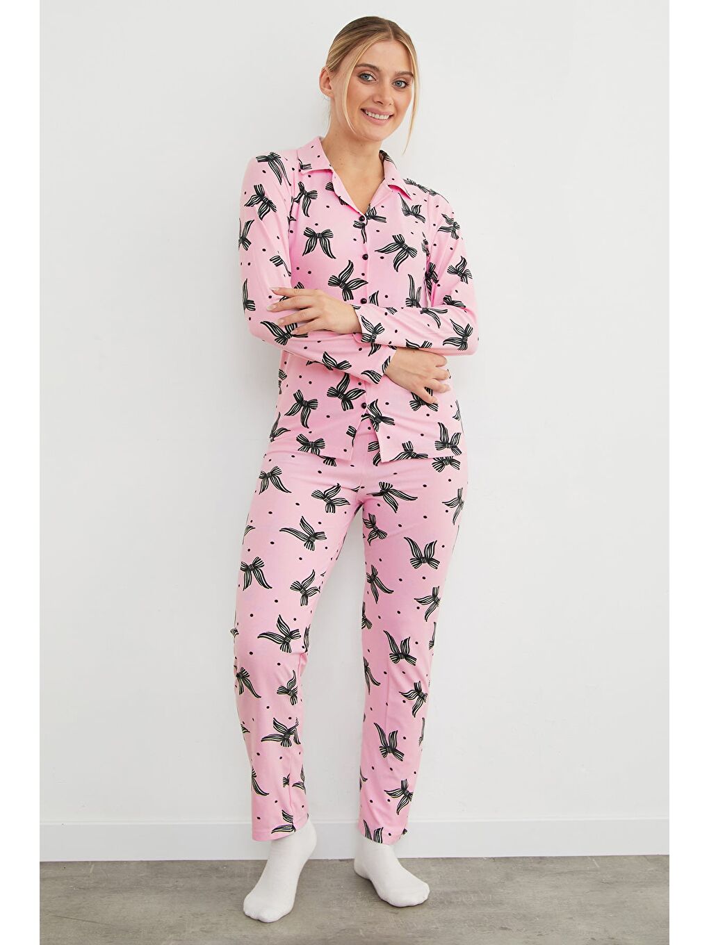 Pembe Çizgili Süet Pijama Takımı-3