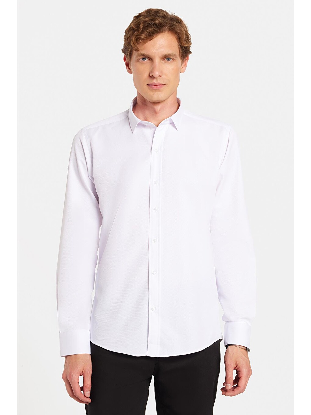 Modern Slim Fit Uzun Kollu Pamuklu Kolay Ütü Armürlü Beyaz Erkek Gömlek-3