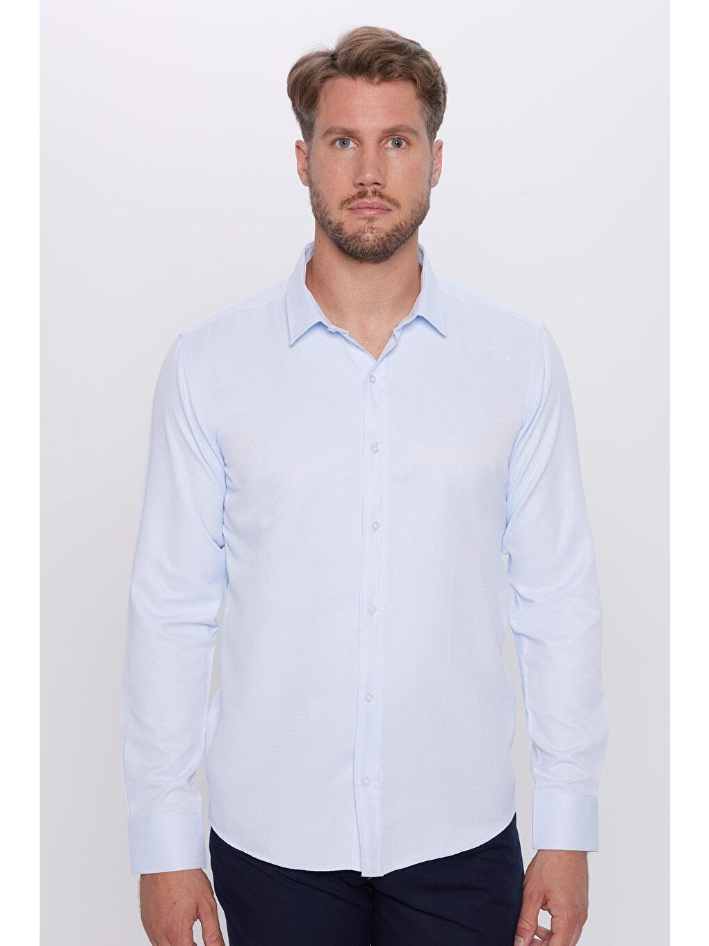 Erkek Modern Fit Dar Kesim Pamuklu Kolay Ütü Armürlü Mavi Gömlek-1