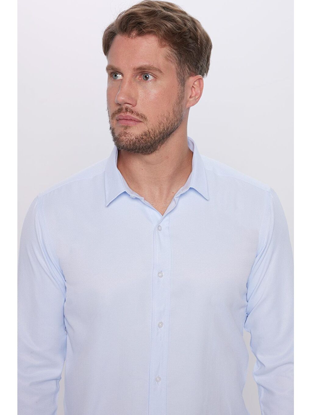 Erkek Modern Fit Dar Kesim Pamuklu Kolay Ütü Armürlü Mavi Gömlek-2