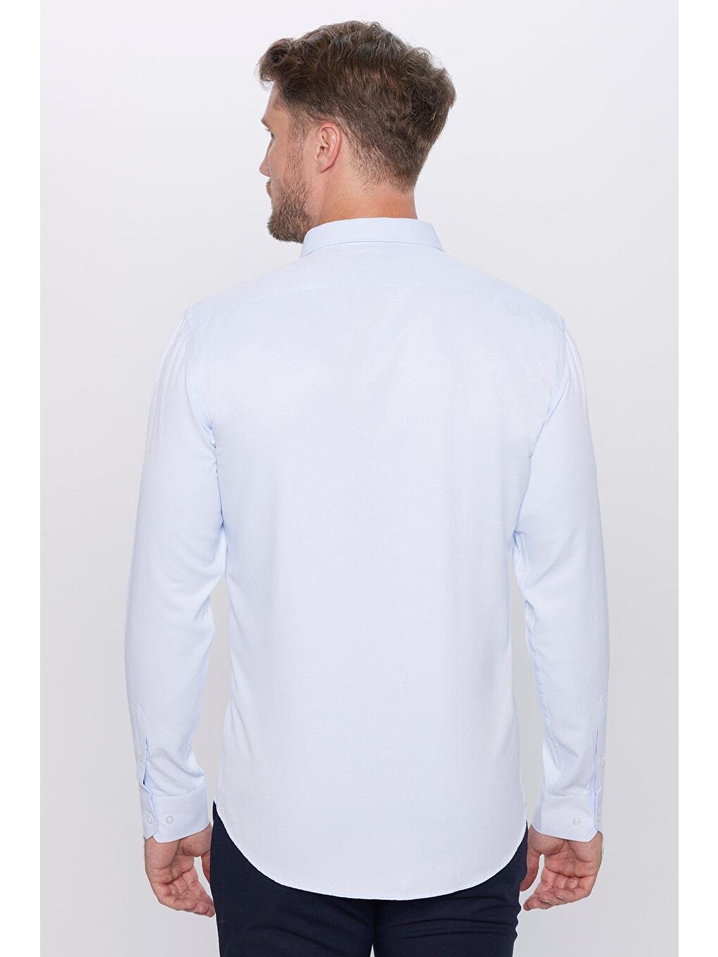 Erkek Modern Fit Dar Kesim Pamuklu Kolay Ütü Armürlü Mavi Gömlek-4