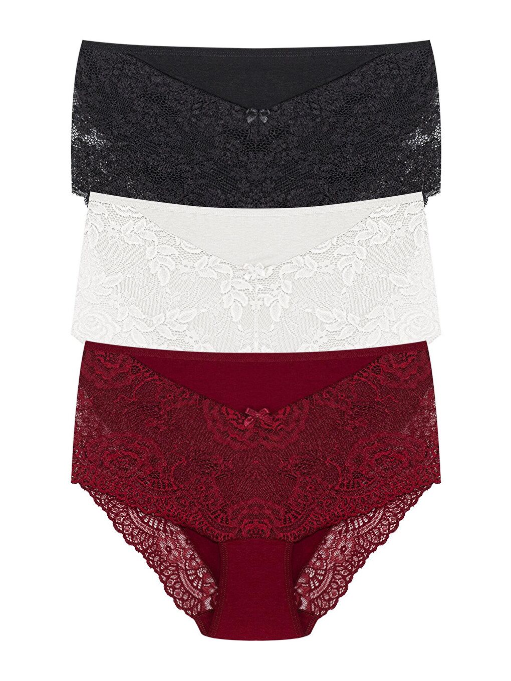 Beyaz Önü ve Paçası Dantel Detaylı Büyük Beden Kadın Külot 3'lü