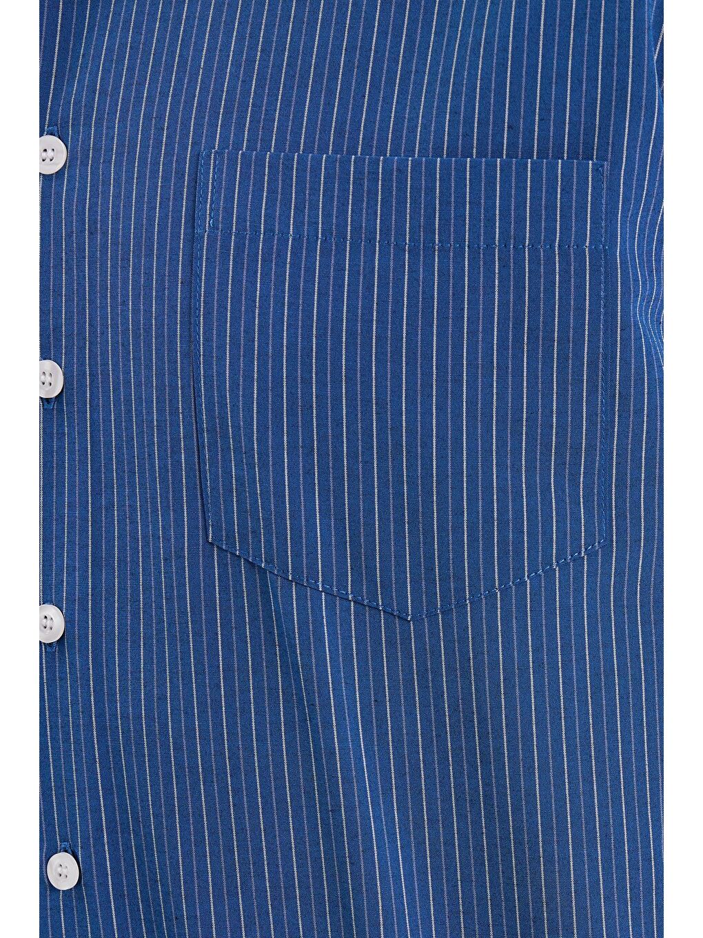 Karışık Erkek Regular Fit Klasik Kesim İnce Çizgili Pamuklu Kravatlık Yaka Gömlek-5