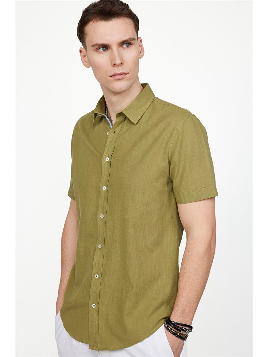 Erkek Slim Fit Dar Kesim Kısa Kollu %100 Pamuk Keten Doku Cepli Haki Gömlek-1