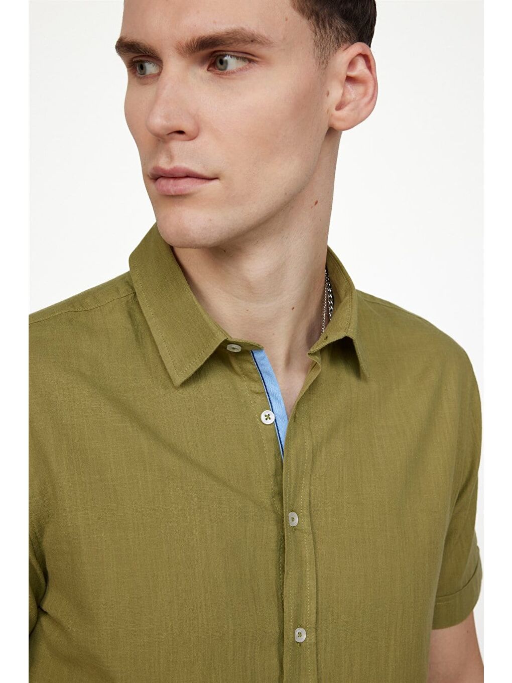 Erkek Slim Fit Dar Kesim Kısa Kollu %100 Pamuk Keten Doku Cepli Haki Gömlek-2