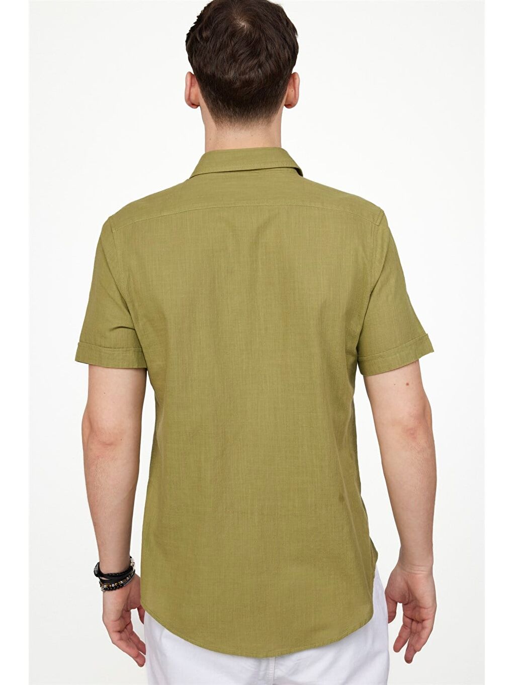 Erkek Slim Fit Dar Kesim Kısa Kollu %100 Pamuk Keten Doku Cepli Haki Gömlek-3