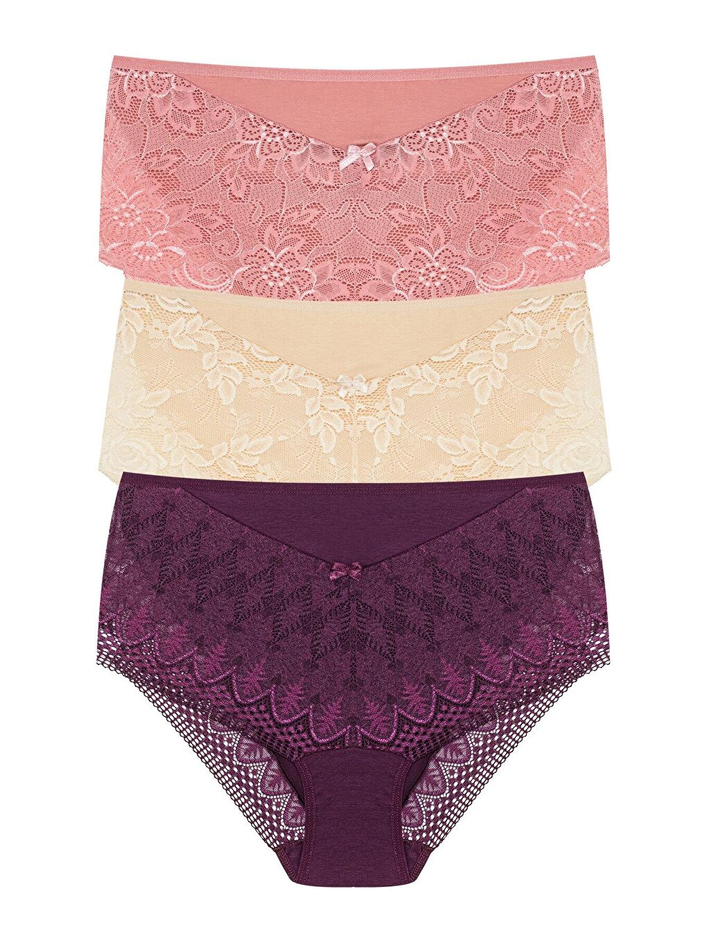 Kırmızı Önü ve Paçası Dantel Detaylı Büyük Beden Kadın Külot 3'lü