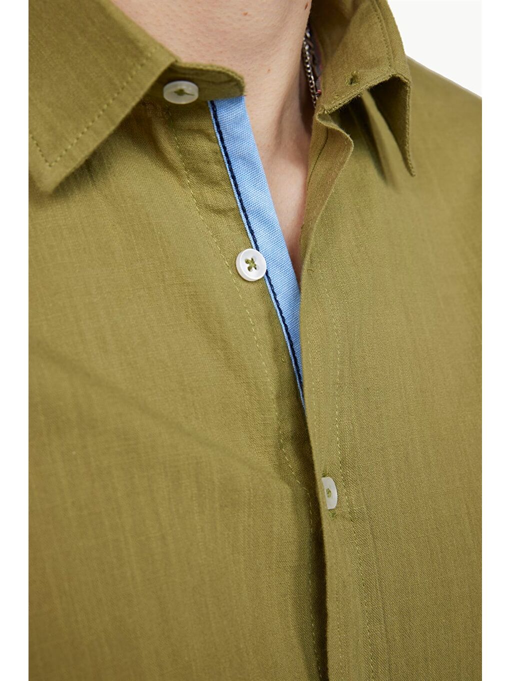 Erkek Slim Fit Dar Kesim Kısa Kollu %100 Pamuk Keten Doku Cepli Haki Gömlek-4