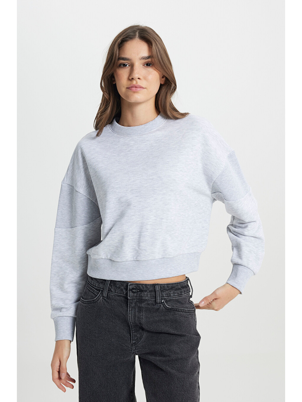 Relaxed Fit Geniş Kesim Bisiklet Yaka Gri Melanj Sweatshirt-3