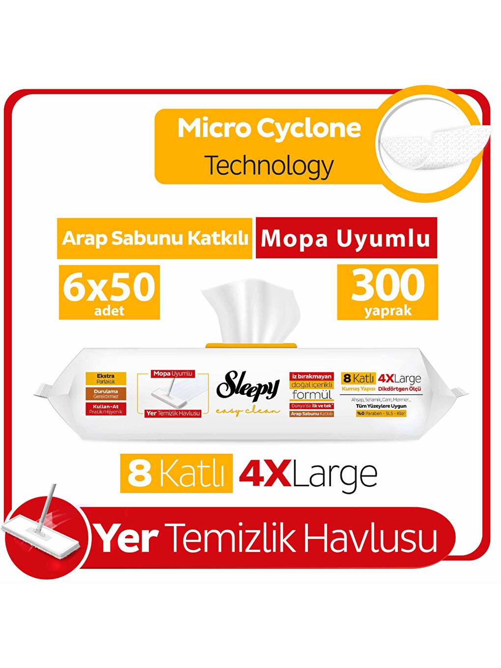 Sleepy Beyaz Easy Clean Arap Sabunu Katkılı Mopa Uyumlu Yer Temizlik Havlusu 6x50 (300 Yaprak)