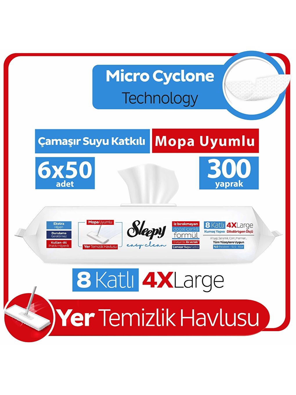 Sleepy Beyaz Easy Clean Çamaşır Suyu Katkılı Mopa Uyumlu Yer Temizlik Havlusu 6x50 (300 Yaprak)