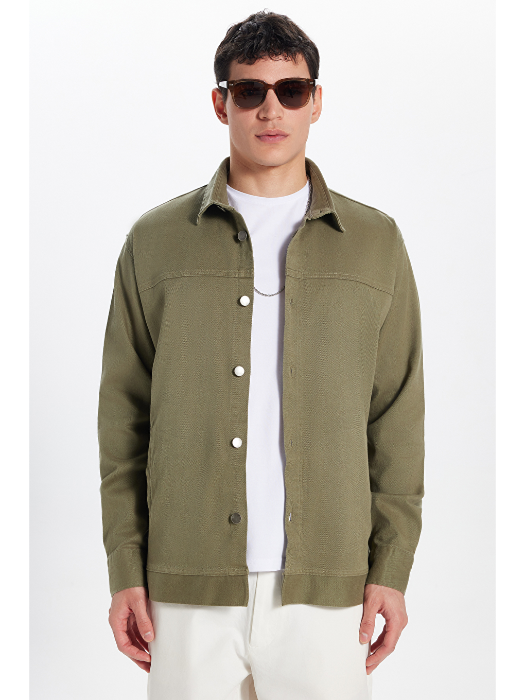 Erkek Relax Fit Rahat Kesim Gabardin Elastanlı Yandan Cepli Haki Ceket Gömlek