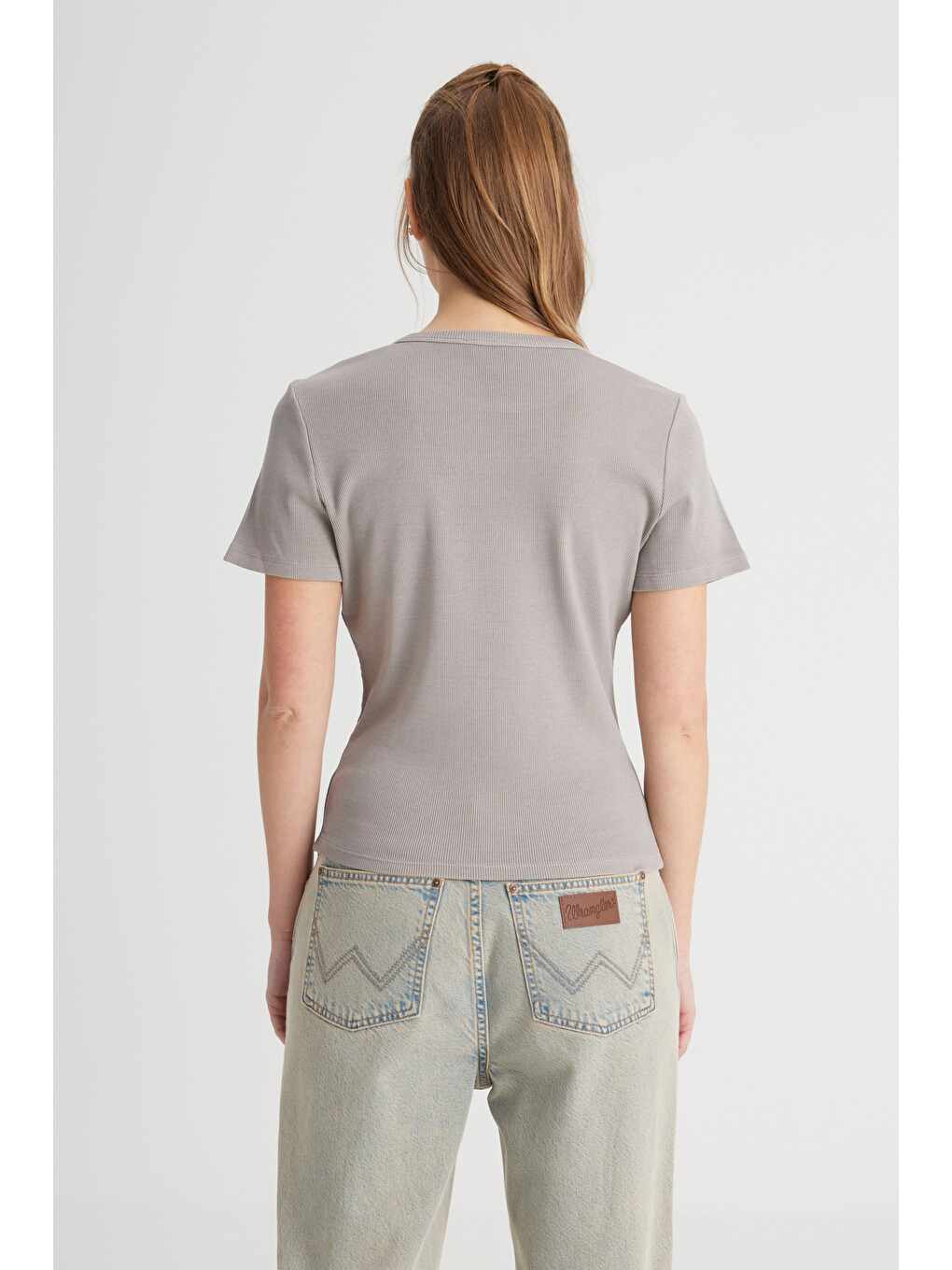 Slim Fit Dar Kesim Bisiklet Yaka Gri Tişört-4
