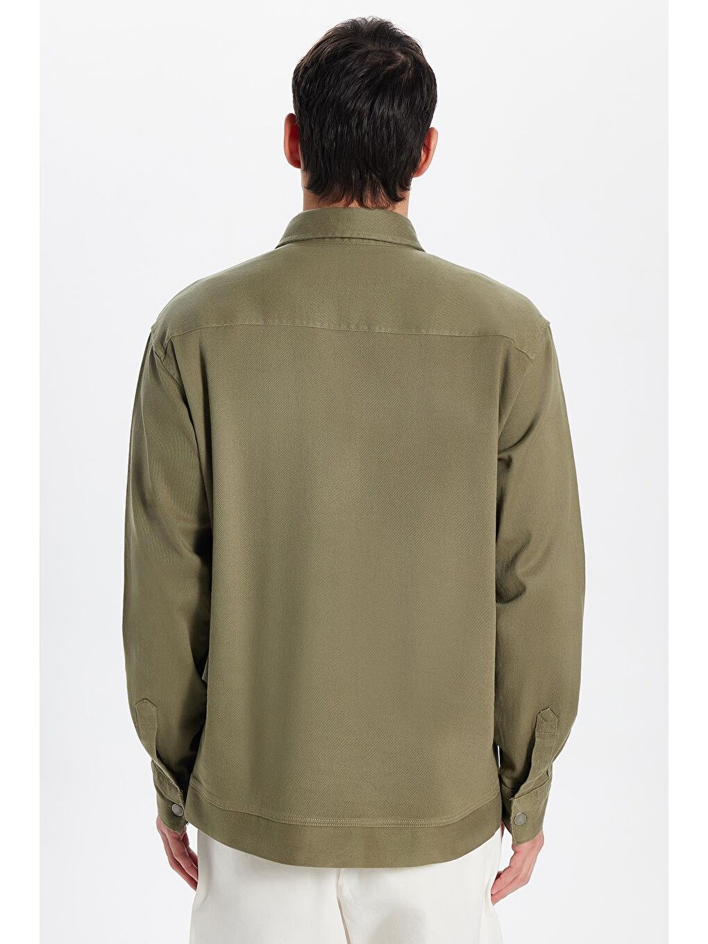 Erkek Relax Fit Rahat Kesim Gabardin Elastanlı Yandan Cepli Haki Ceket Gömlek-4