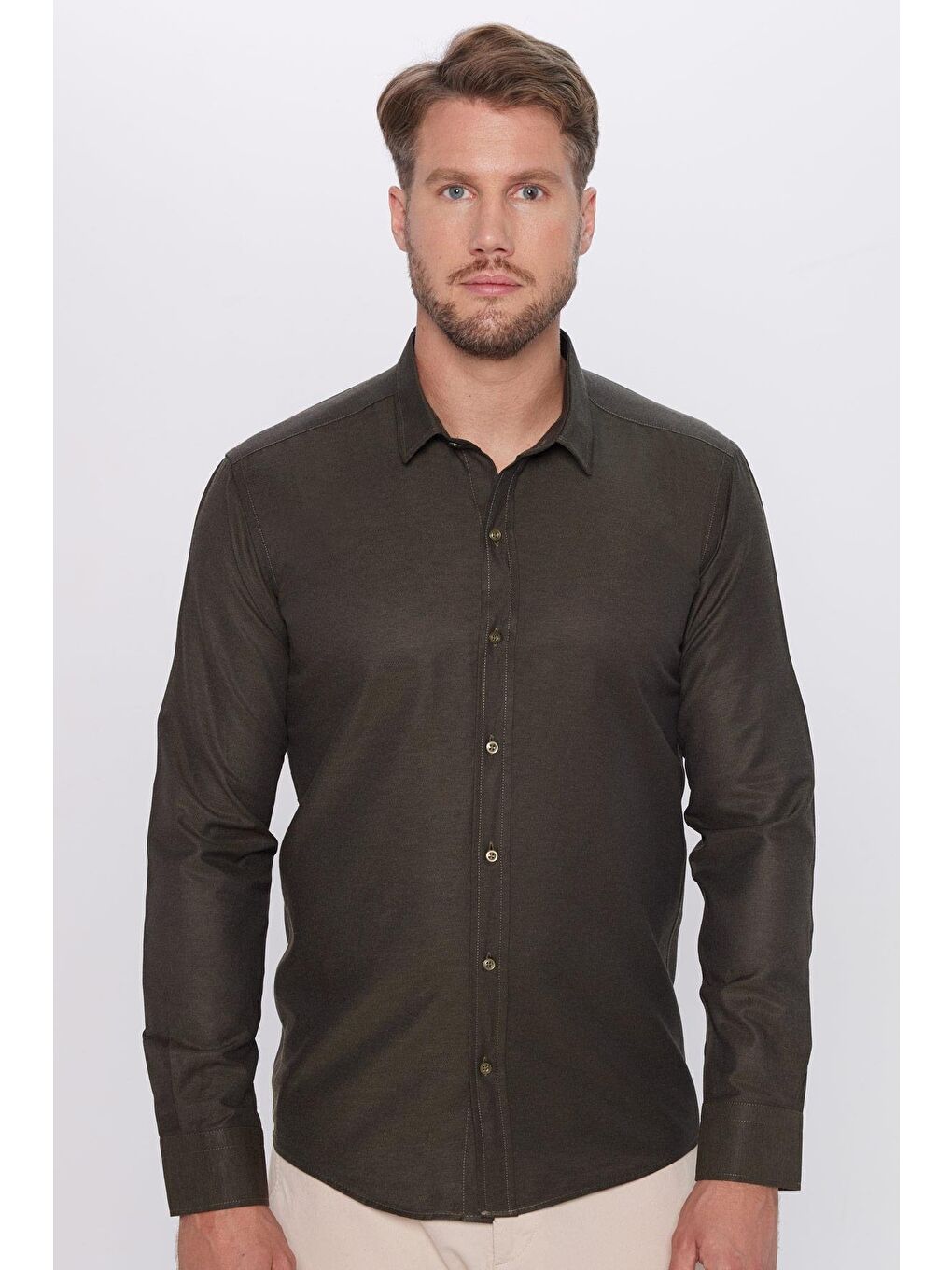Erkek Modern Fit Dar Kesim Pamuklu Kolay Ütü Armürlü Haki Gömlek-1