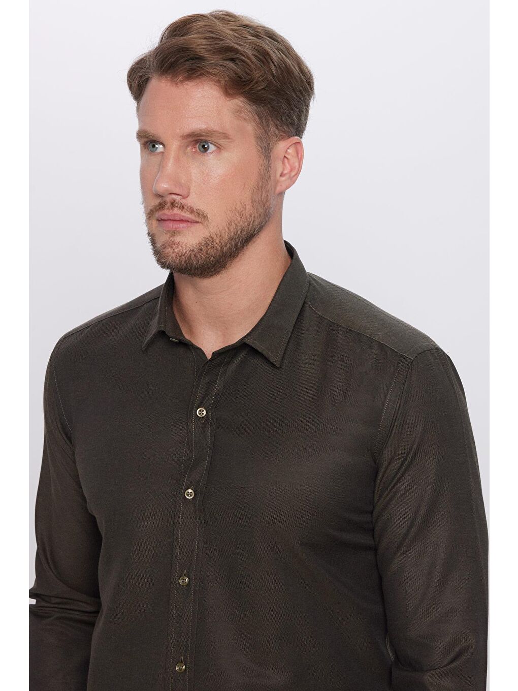Erkek Modern Fit Dar Kesim Pamuklu Kolay Ütü Armürlü Haki Gömlek-2