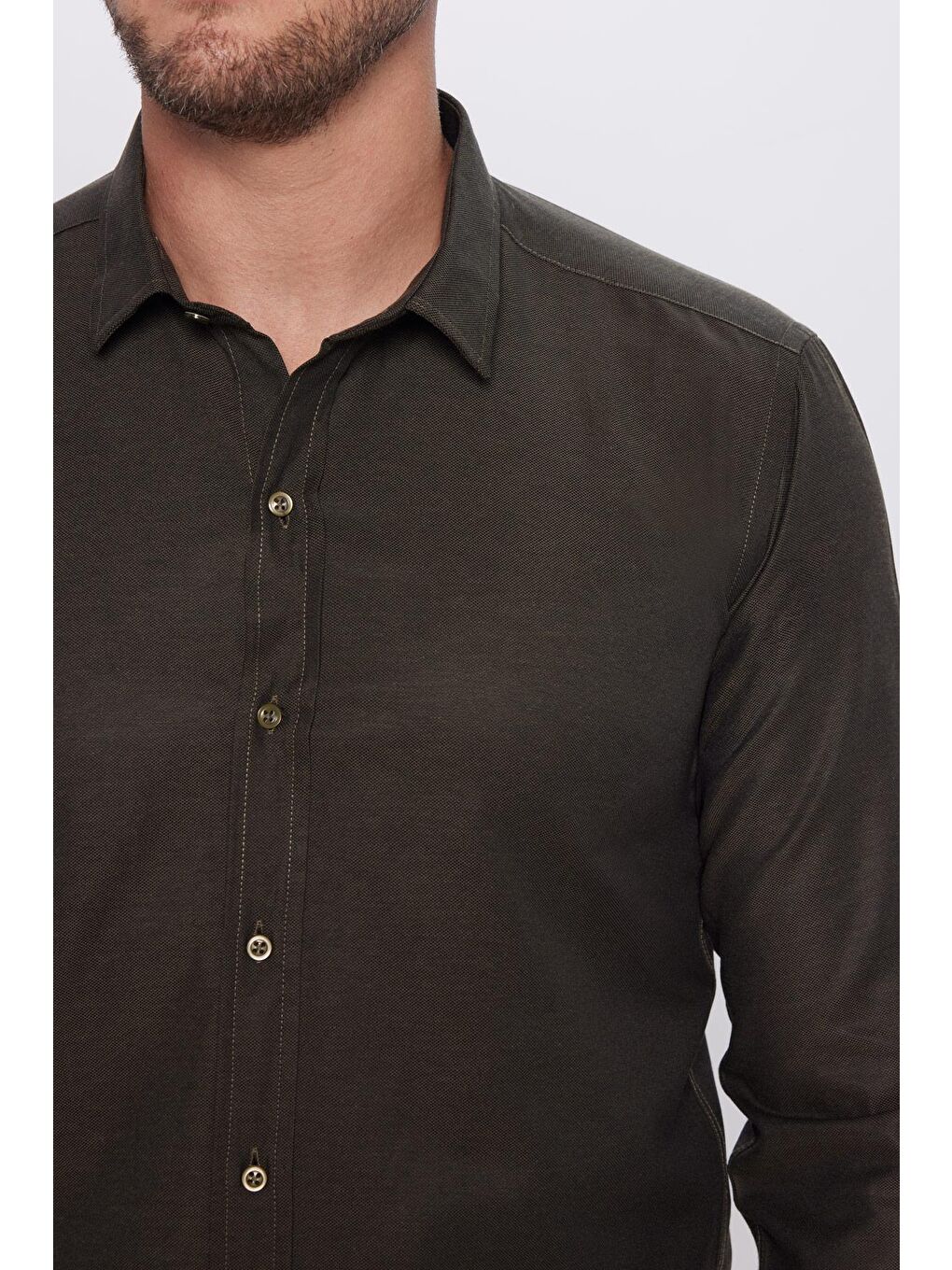 Erkek Modern Fit Dar Kesim Pamuklu Kolay Ütü Armürlü Haki Gömlek-3